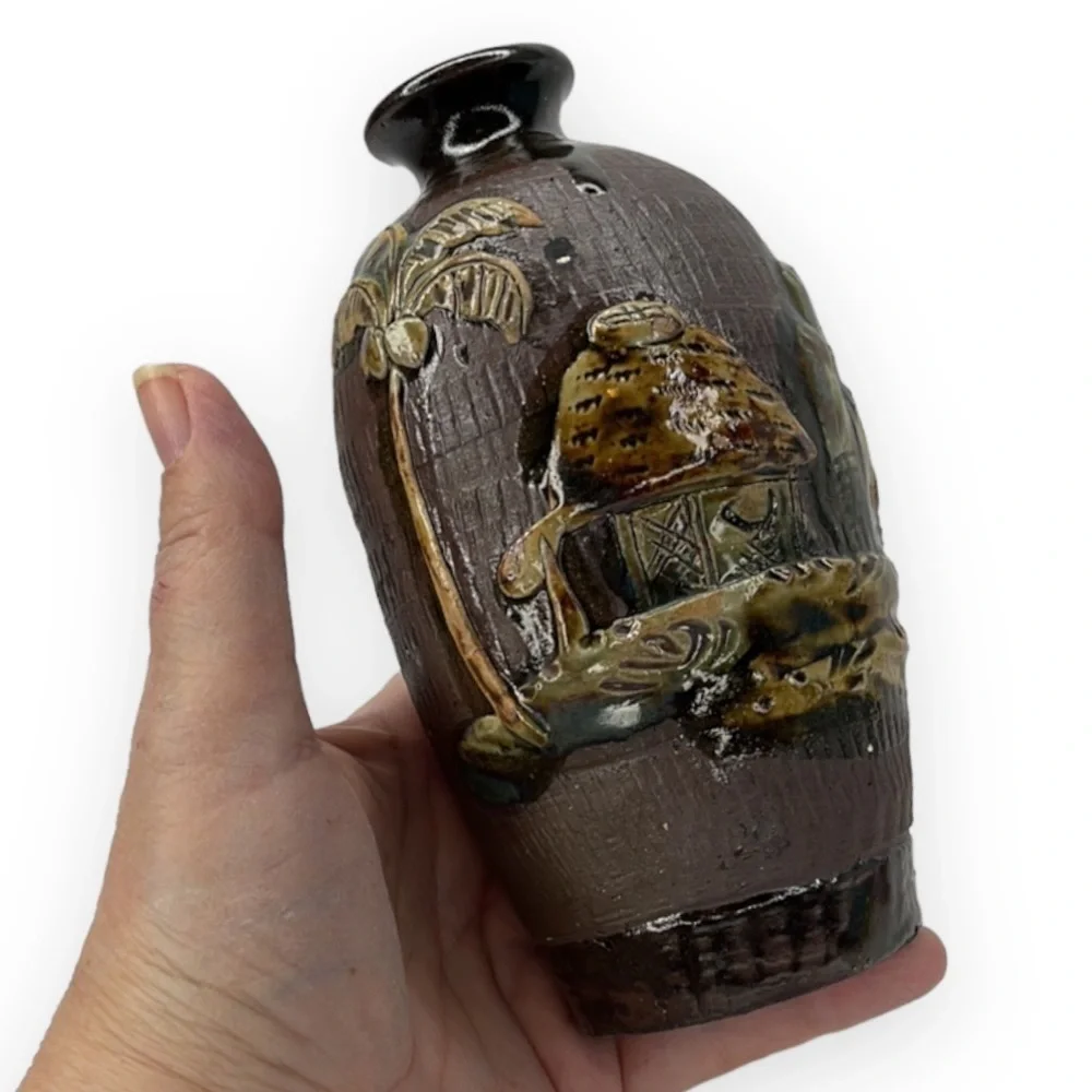 Asian Japanese Ceramic Art Pottery Vase Hut House Tree Decoration Brown Tan Pair